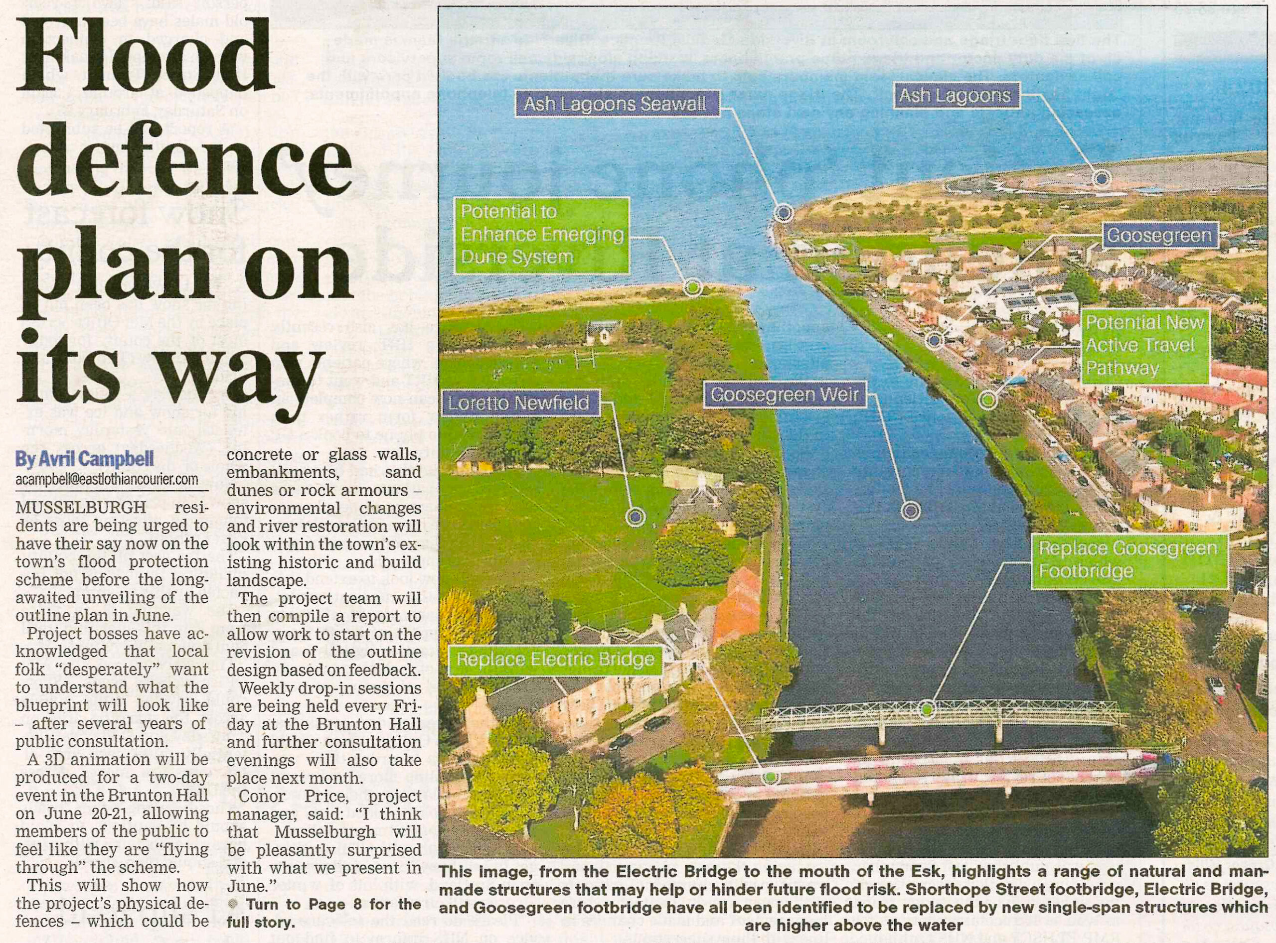 Picture of front page article on Flood Defence plans in the Musselburgh Courier from Thursday 9th March 2023